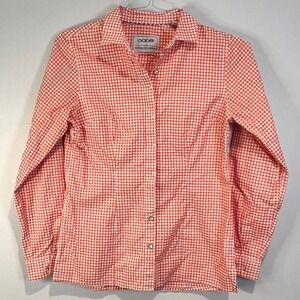 EUC oobe Women's S Long Sleeve Gingham Plaid Button Up Shirt - Orange & White